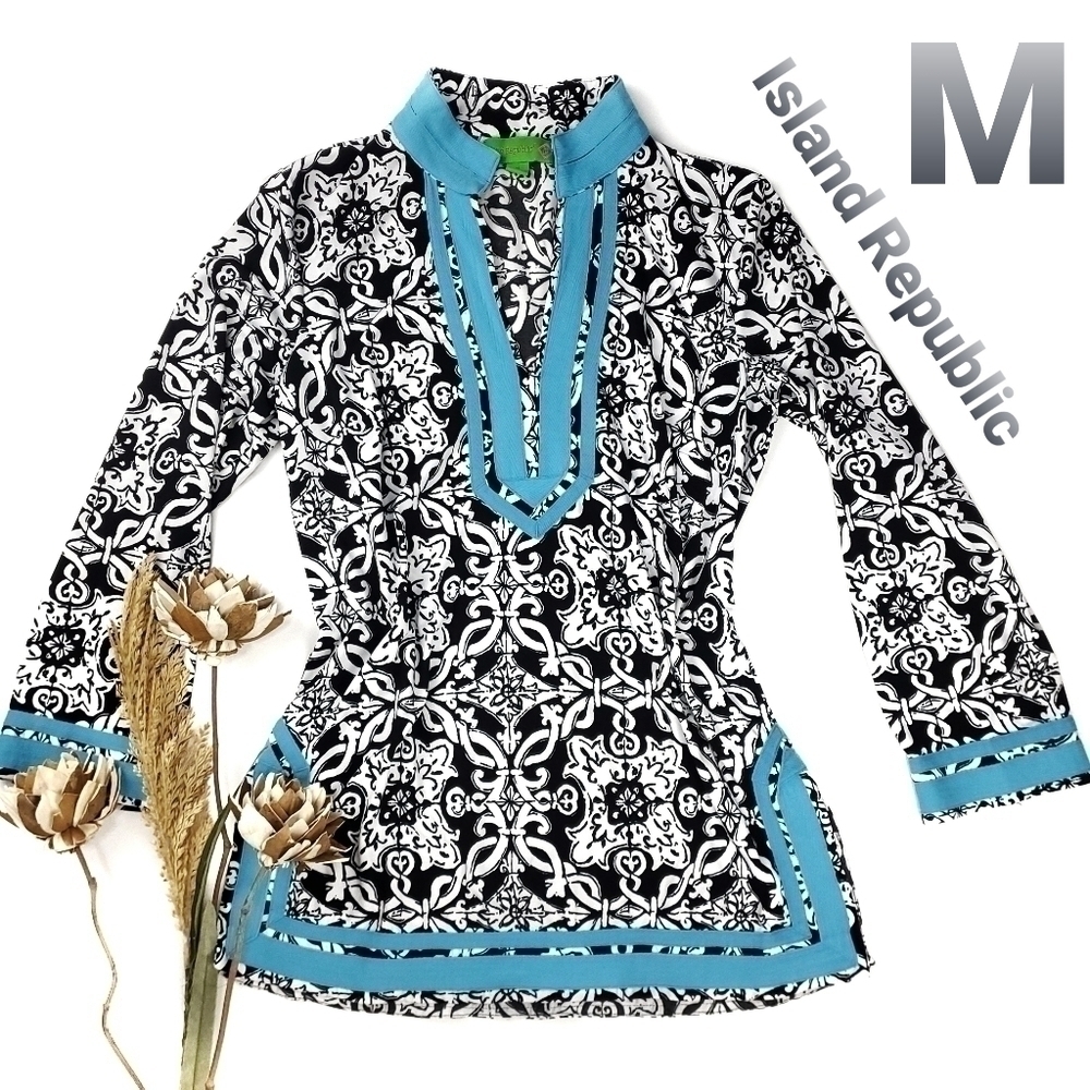 Island Republic Blk Wht Blue Boho Tunic Top Med